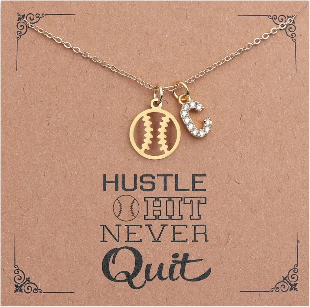 Softball Necklace for Teen Girls Personalized CZ Initial A-Z Sports Charm Necklace Inspirational Softball Gifts for Team Coaches Players
