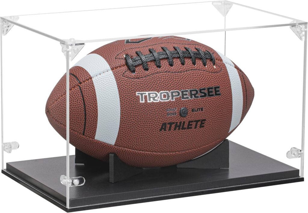 Football Display Case, Thickened UV Protection Clear Acrylic Lid Football Holder, Wood Football Base Stand Football Cases for Signed Football Full Size