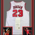 Framed Autographed/Signed Michael Jordan 35×39 Chicago White Basketball Jersey Upper Deck UDA COA