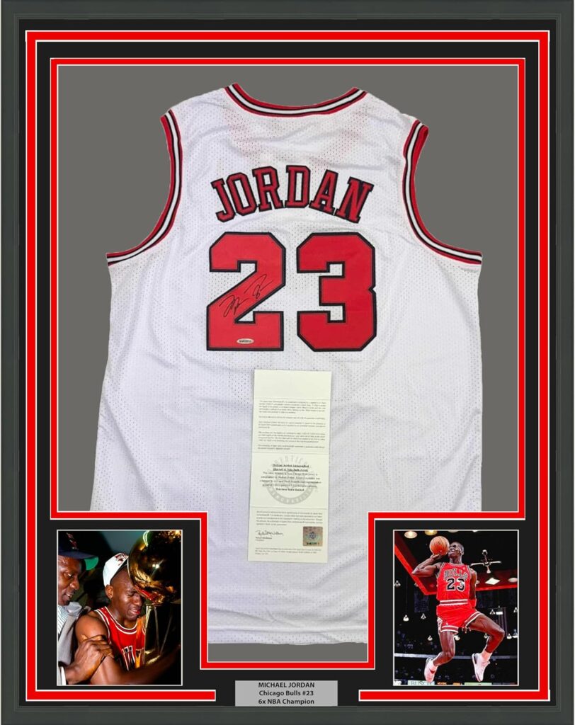 Framed Autographed/Signed Michael Jordan 35×39 Chicago White Basketball Jersey Upper Deck UDA COA