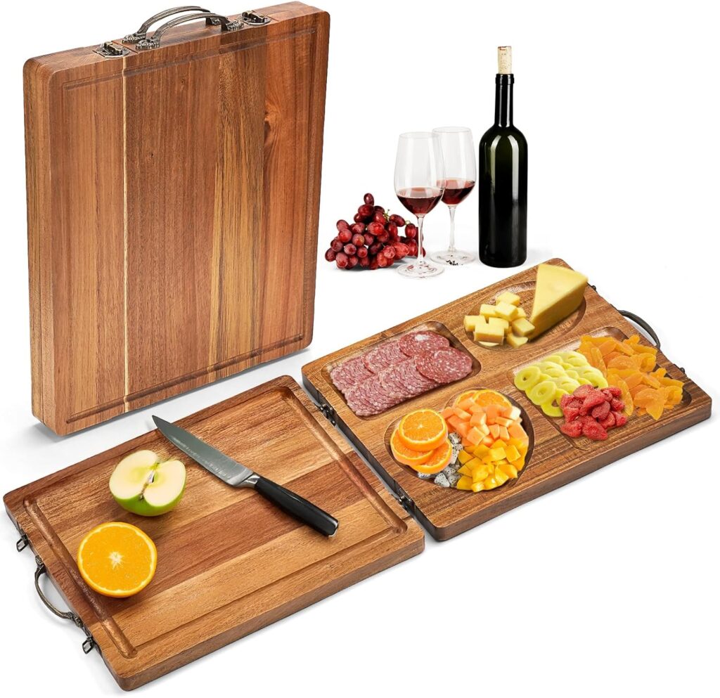 Double Side Acacia Wood Serving Tray, Serving Platters and Trays, Charcuterie Boards Wooden Tray with Vintage Metal Handles, Wooden Cutting Boards for Kitchen, Trays for Serving Food Serving Platter
