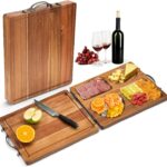Double Side Acacia Wood Serving Tray, Serving Platters and Trays, Charcuterie Boards Wooden Tray with Vintage Metal Handles, Wooden Cutting Boards for Kitchen, Trays for Serving Food Serving Platter