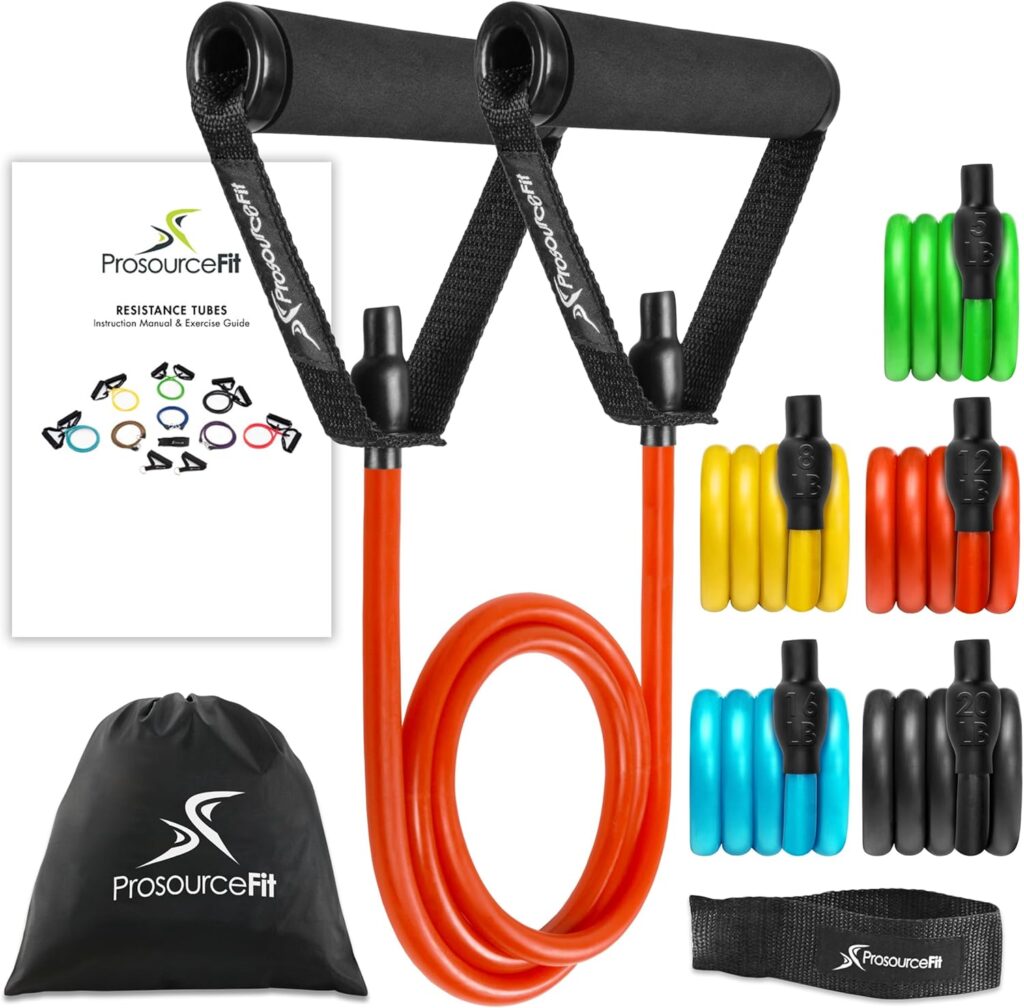ProsourceFit Single Stackable Resistance Bands with Door Anchor and Exercise Guide, 16-20 LB, Heavy Duty Fitness Tube for Full-Body Exercises and Home Workouts, Black