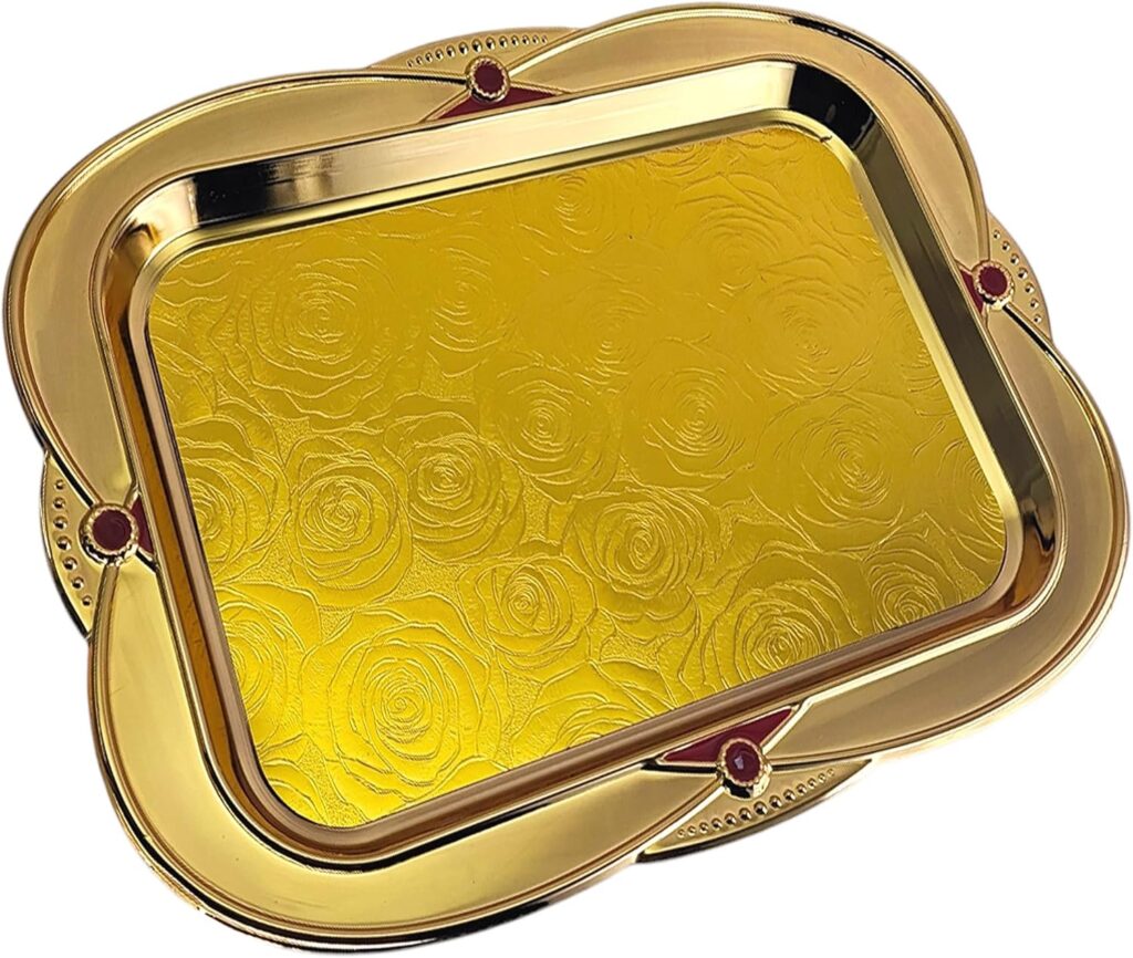 17.3 inch x 12.6 inch Floral Shape Antique Decorative Style Iron Gold Plated Silver Serving Tray Red Floral Engraved Edge Buffet Decor Party Wine Platter Plate Dish NC-133