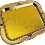 17.3 inch x 12.6 inch Floral Shape Antique Decorative Style Iron Gold Plated Silver Serving Tray Red Floral Engraved Edge Buffet Decor Party Wine Platter Plate Dish NC-133