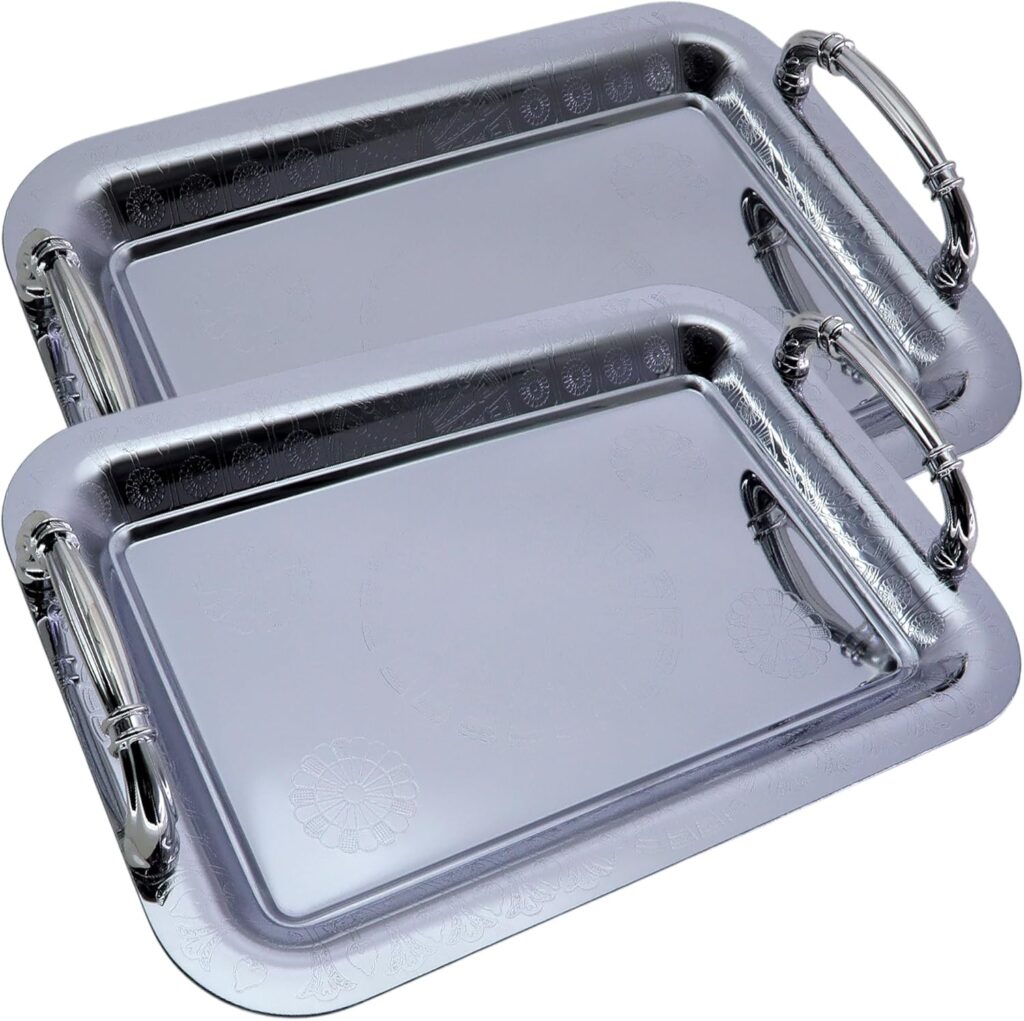 (Pack of 2) 11.4 inch x 7.9 inch Oblong Chrome Plated Mirror Silver Serving Tray with Handles Stylish Design Floral Engraved Party Birthday Wedding Buffet Wine Platter Plate CC-1052