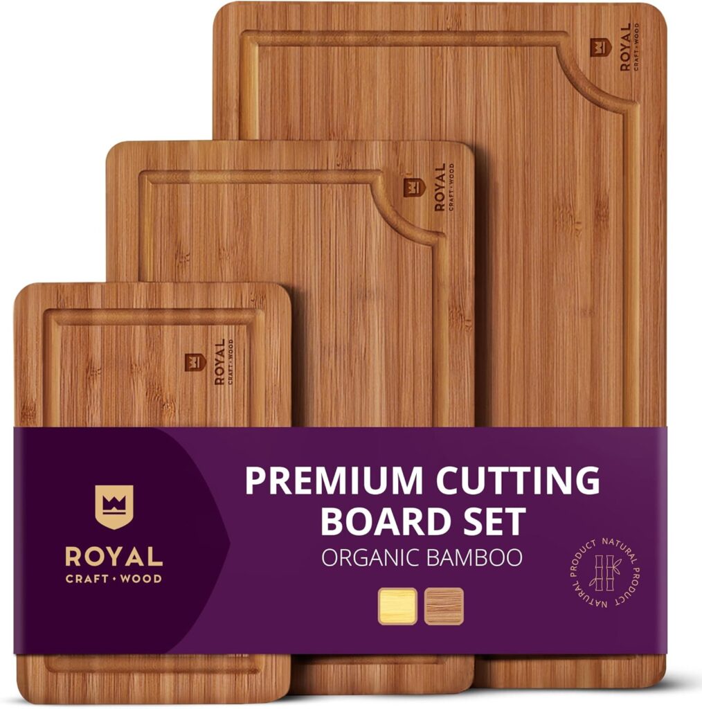 ROYAL CRAFT WOOD Wooden Cutting Boards for Kitchen Meal Prep & Serving – Bamboo Wood Serving Board Set with Deep Juice Groove Side Handles – Charcuterie & Chopping Butcher Block for Meat (3 Pcs)