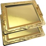 (Pack of 2) 18.1 inch x 13.6 inch Rectangular Iron Gold Plated Serving Tray with Handles Floral Engraved Decorative Party Wedding Buffet Wine Candle Decor Platter Plate Base Dish NC-072