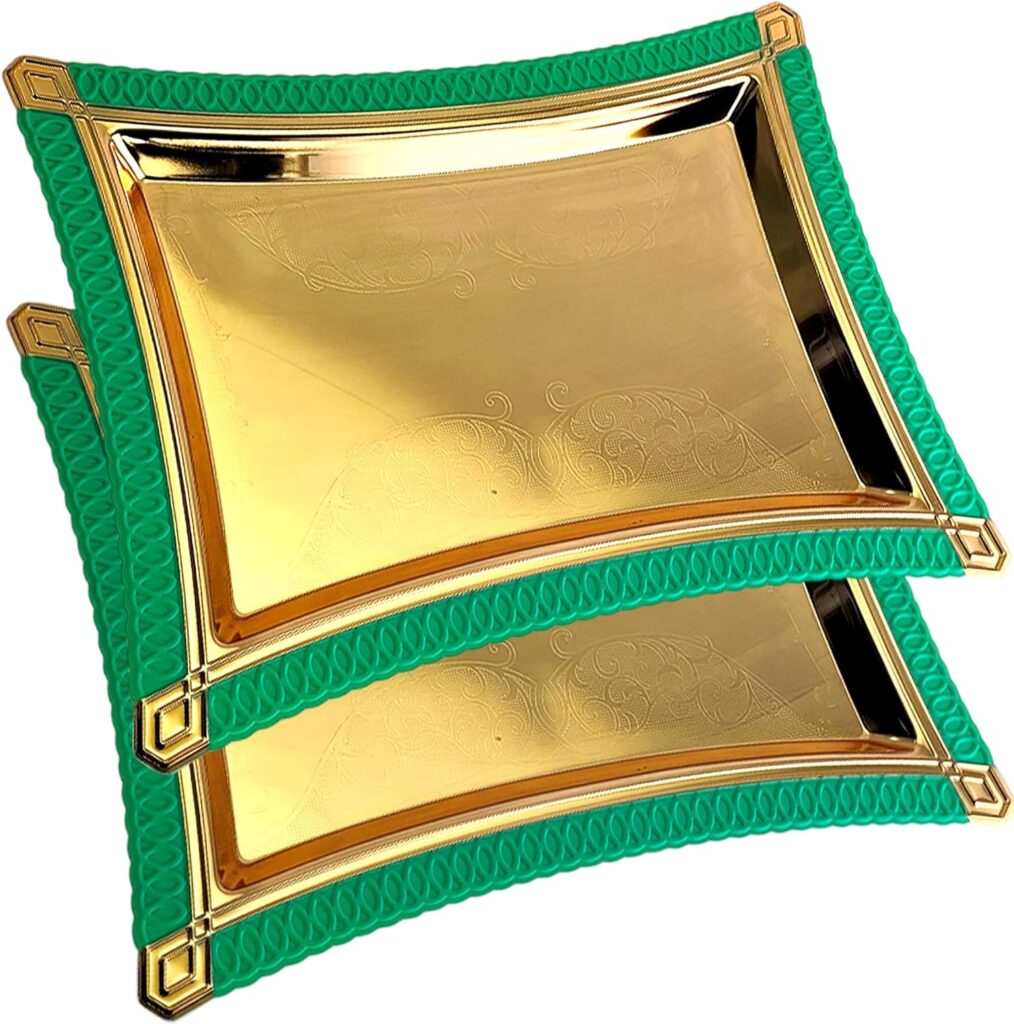 (Pack of 2) 14.1 inch x 10.2 inch Star Shape Rectangular Iron Gold Serving Tray Green Edge Floral Engraved Decorative Wedding Birthday Snack Wine Candle Platter Plate Party NC-225