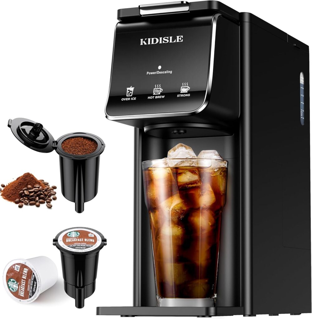 Hot & Iced Coffee Maker for K-Cups & Ground Coffee, Single-Serve Brewer with Bold Setting, Reusable Filter, Travel Mug Friendly, Compact & Quick Brew, Black