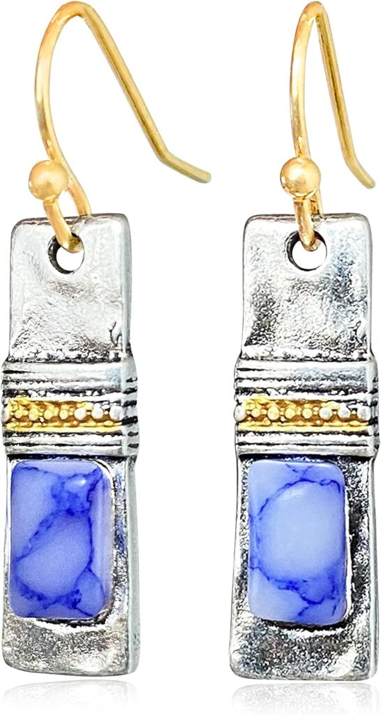 Unique Handmade Bohemian Enamel Vintage Matt Silver Bar Dangle Earrings Chic Round Blue Gemstone Geometric Square Drop Earrings for Women Statement Jewelry (Silver)