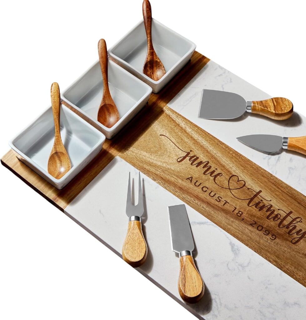 Personalized Marble Wood Charcuterie Board,Custom Laser Engraved Cheese Serving Board with Knife Set, Ceramic Bowls,Wooden Spoons,Cheese Platter,Serving Tray,Cutting Board,Charcuterie Boards Gift Set