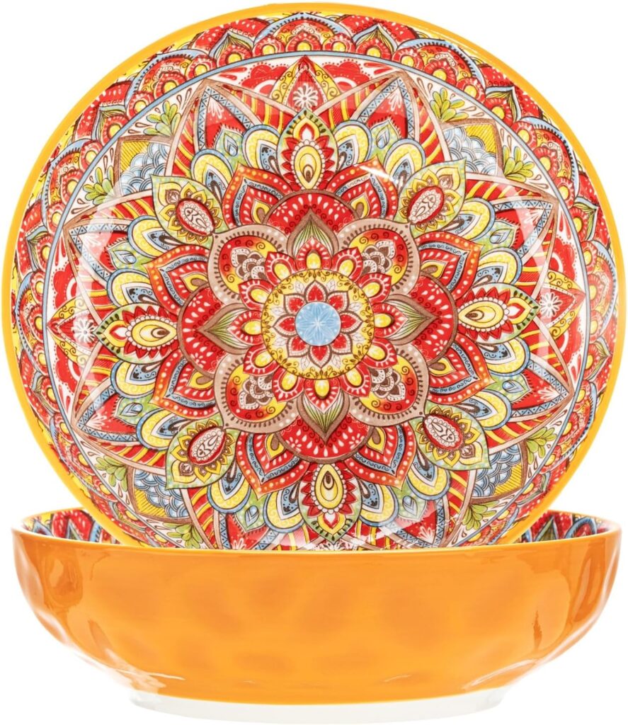 Boho Large Serving Bowls, 10.2 Inch Fruit Salad Bowls, Decorative Serving Dishes for Entertaining, 80 OZ Pasta Bowls Set of 2, Vibrant Colorful Soup Bowls for Party, Home Decor, Bohemian Style Gift