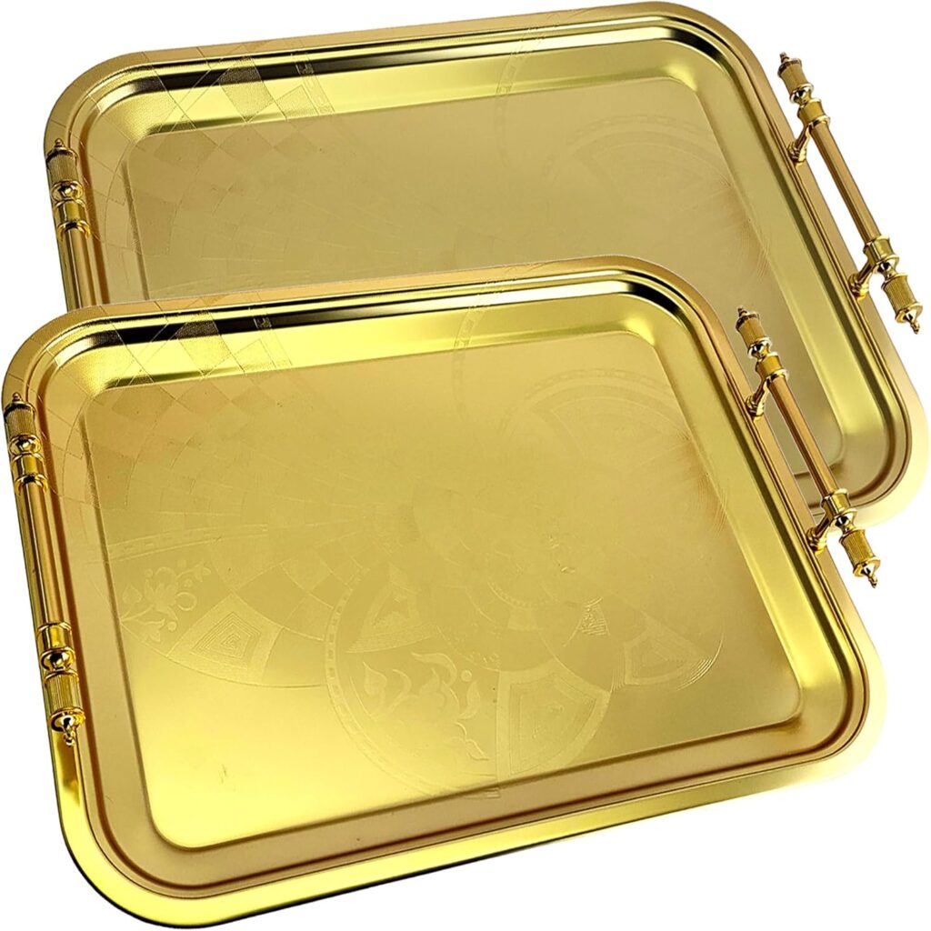 (Pack of 2) 16.9 inch x 13 inch Oblong Iron Gold Plated Mirror Serving Tray with Handles Floral Engraved Decorative Party Birthday Dessert Wine Decor Platter Plate Base Dish NC-154