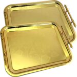 (Pack of 2) 16.9 inch x 13 inch Oblong Iron Gold Plated Mirror Serving Tray with Handles Floral Engraved Decorative Party Birthday Dessert Wine Decor Platter Plate Base Dish NC-154