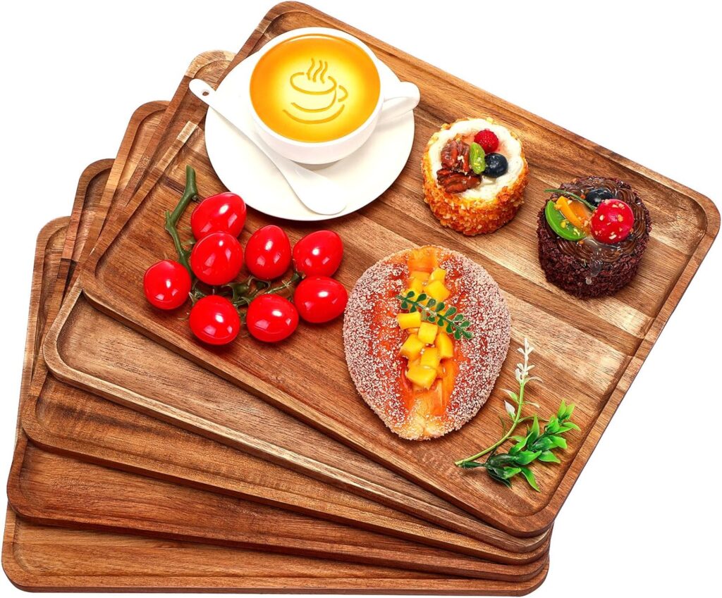 Roowest 5 Pack Solid Acacia Wood Serving Trays for Laser Engraving Rectangular Wooden Board for Food Appetizer Serving Tray Plates for Vegetables Fruit Cheese Housewarming Gifts(14 x 10 Inch)
