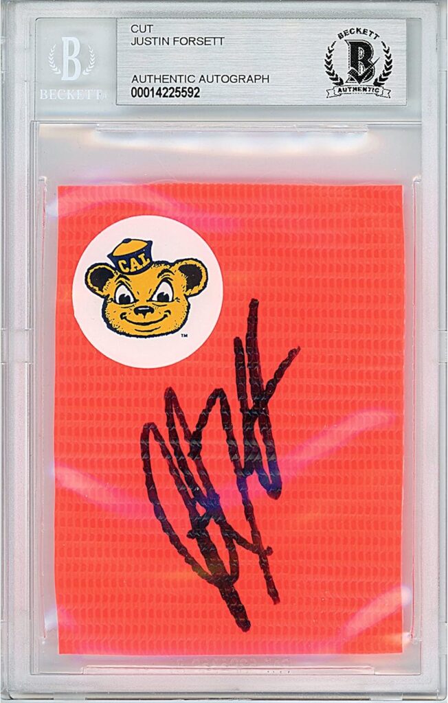 Justin Forsett Autographed Football End Zone Pylon Cut, Beckett Authentic Autograph Slab, California Golden Bears Signed Sports Memorabilia