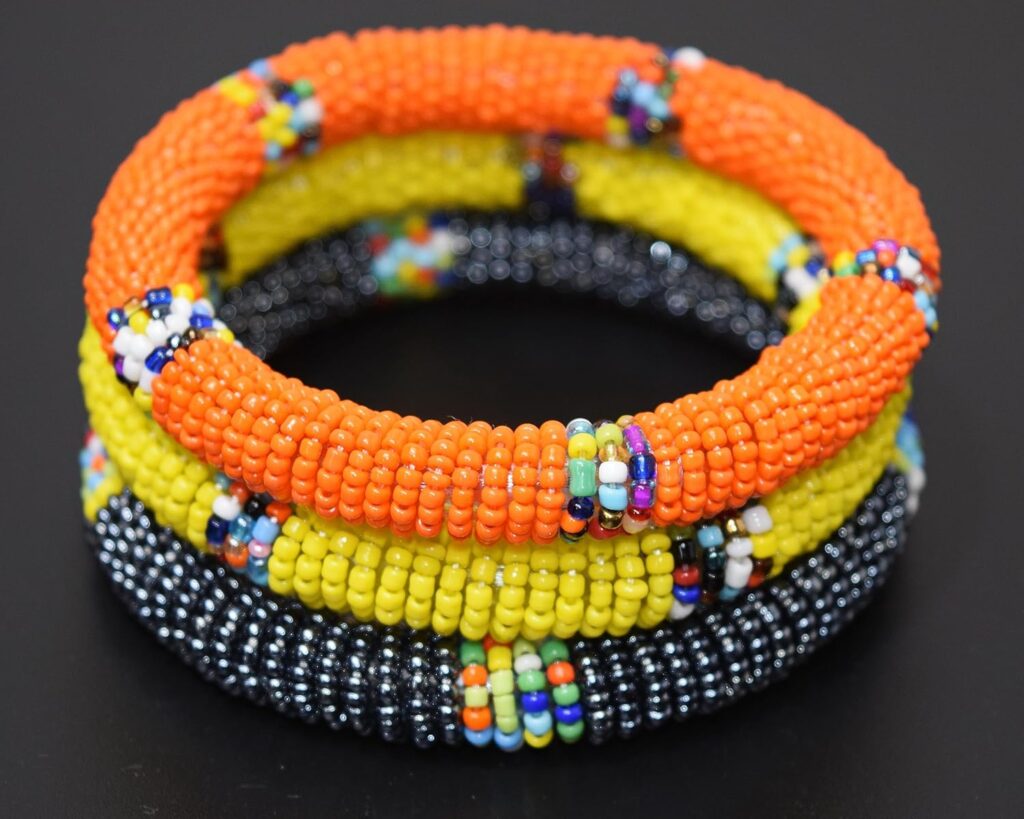 Tembo Crafts Africa – Set of 3 Handmade Bangles for Women Maasai Beaded Bracelets Boho Jewelry Gifts Orange Metallic Grey Yellow Handmade From Africa