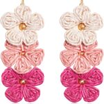 Summer Raffia Flower Earrings, Raffia Straw Wrapped Gradient Ramp Floral Statement Spring Beach Rattan Handmade Earring for Women, Boho Dangle Jewelry Gift – White/Pink/Blue