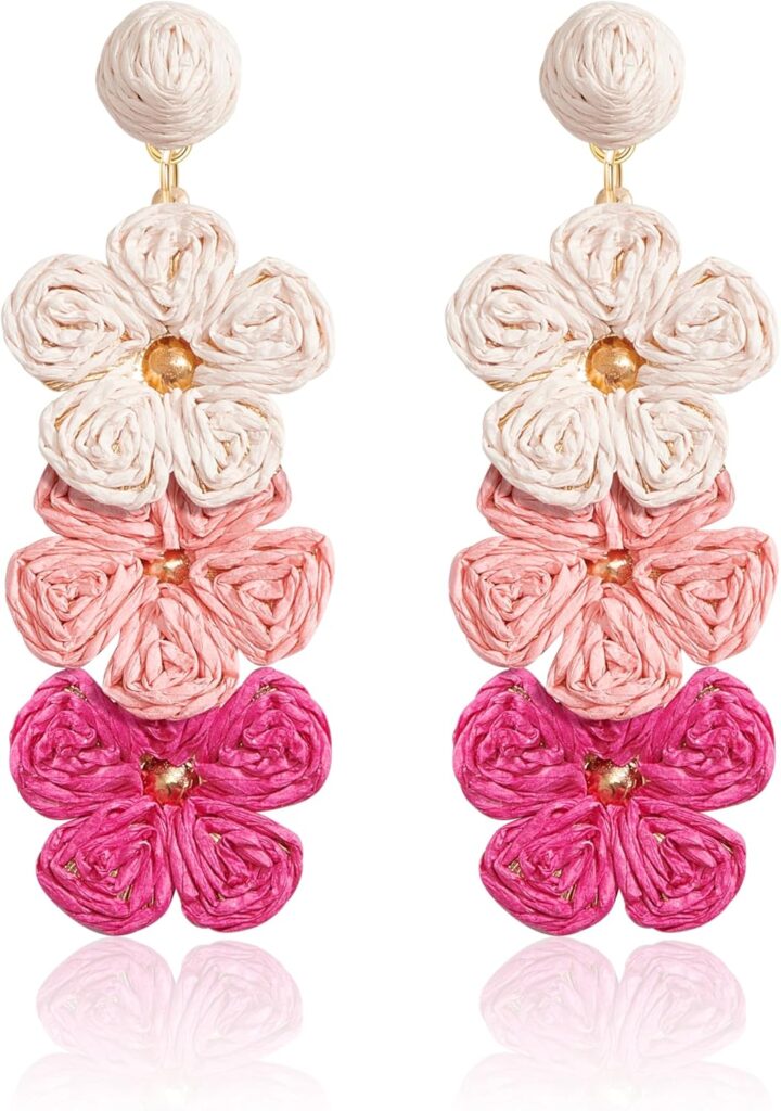 Summer Raffia Flower Earrings, Raffia Straw Wrapped Gradient Ramp Floral Statement Spring Beach Rattan Handmade Earring for Women, Boho Dangle Jewelry Gift – White/Pink/Blue