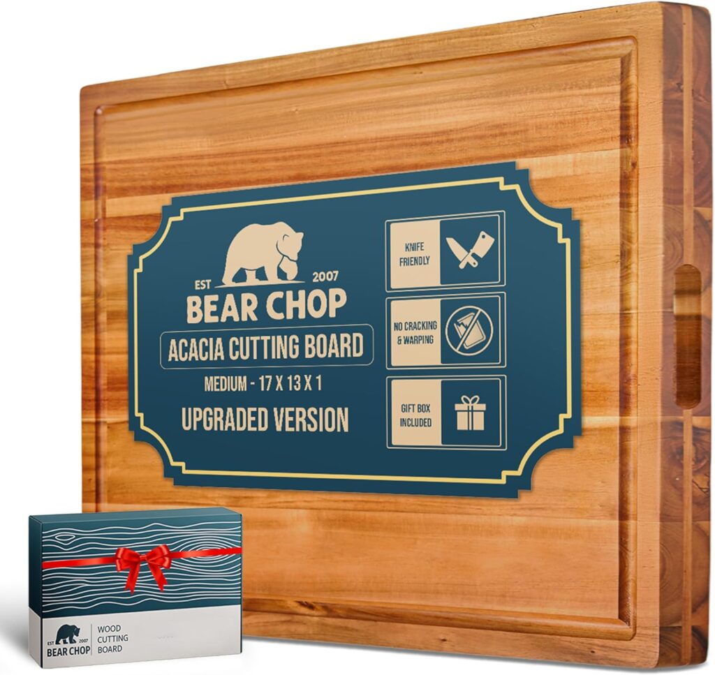 Bearchop Acacia Wood Cutting Board for Kitchen, Butcher Block with 2-Side Reinforced Bar for Crack/Warp Resistance, [17″x13″x1″] Medium Wooden Cutting Boards with Juice Groove, Handle and Gift Box