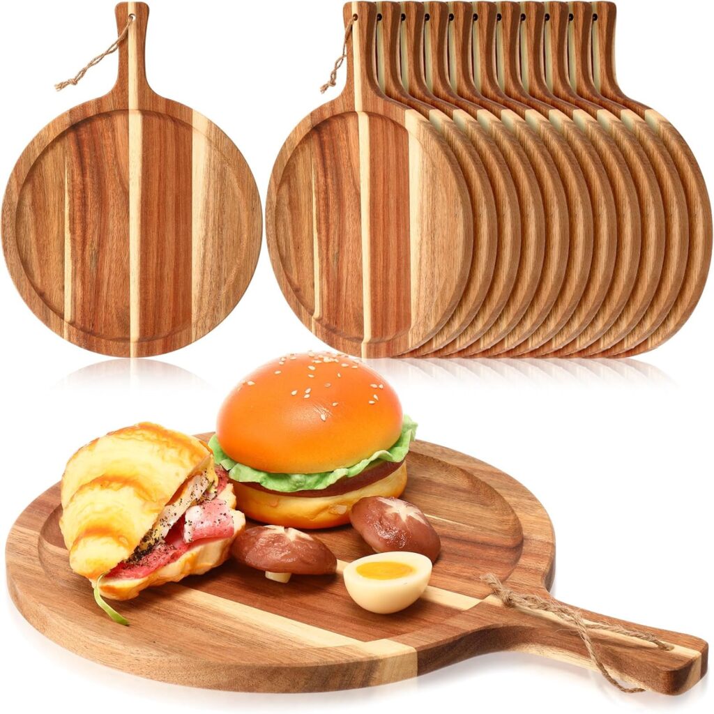 Tanlade 12 pcs Wood Cutting Board Bulk Round Wooden Serving Tray with Handle Acacia Chopping Boards Kitchen Charcuterie Paddle for Pizza Bread Cheese Fruit Vegetables