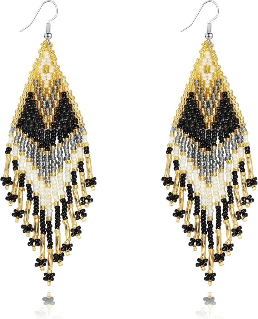 Bohemian Large Long Tassel Beaded Dangle Earrings Native Handmade Boho Statement Big Fringe for Women