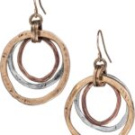 Handmade Sunrise Tricolor Dangle Earrings – Burnished Circles, Copper, Brass and Silverplated