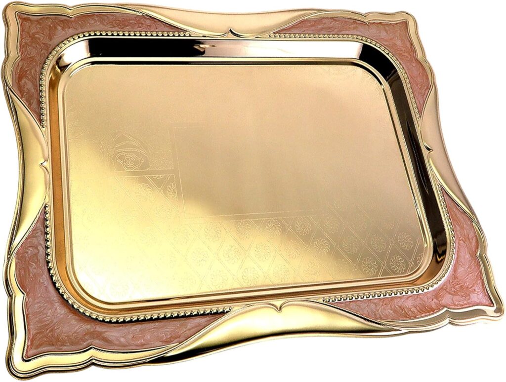 17.3 inch x 12.6 inch Rectangular Floral Shape Iron Rose Gold Serving Tray Floral Engraved Pink Edge Decorative Holiday Wedding Birthday Snack Wine Candle Platter Plate Party NC-136