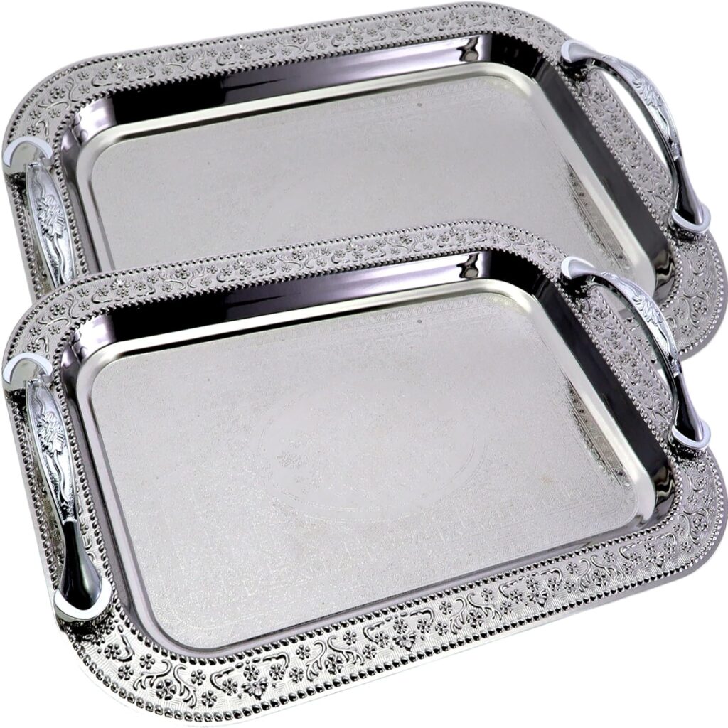 (Pack of 2) 11.4 inch x 8.1 inch Oblong Chrome Plated Silver Serving Tray with Handles Stylish Design Floral Engraved Edge Decorative Wedding Buffet Wine Platter Plate Dish CC-1354