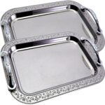 (Pack of 2) 11.4 inch x 8.1 inch Oblong Chrome Plated Silver Serving Tray with Handles Stylish Design Floral Engraved Edge Decorative Wedding Buffet Wine Platter Plate Dish CC-1354