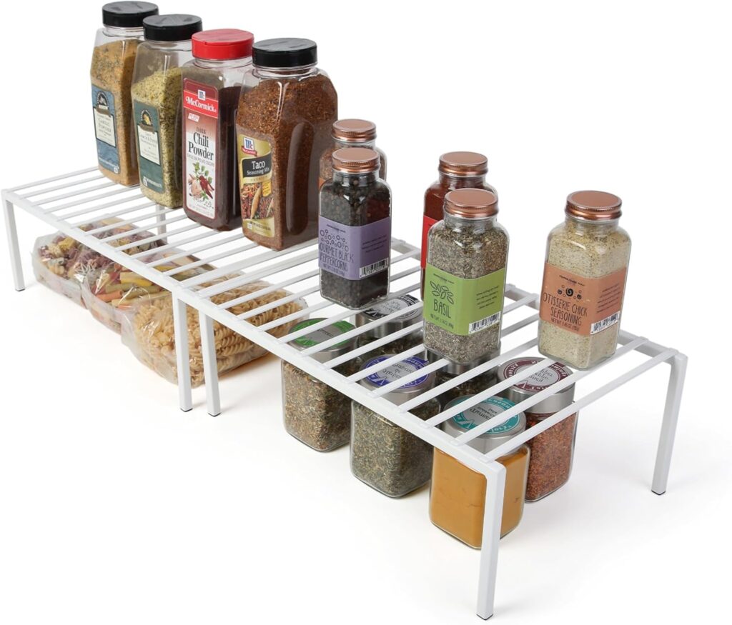 Smart Design Premium Cabinet Storage Shelf Rack – Large Expandable 16-32 x 10 Inch – Steel Metal – Rust Resistant – Cupboard, Plate, Dish, Counter and Pantry Organization – Kitchen – White