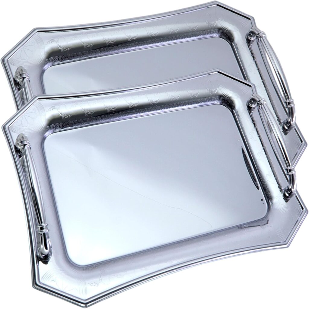 (Pack of 2) 14 inch x 9.1 inch Octagonal Chrome Plated Silver Serving Tray with Handles Stylish Design Floral Engraved Edge Decorative Party Wedding Dessert Buffet Platter Plate GD-126