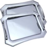 (Pack of 2) 14 inch x 9.1 inch Octagonal Chrome Plated Silver Serving Tray with Handles Stylish Design Floral Engraved Edge Decorative Party Wedding Dessert Buffet Platter Plate GD-126