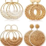 4 Pairs Handmade Raffia Rattan Bohemian Round Drop Dangle Earrings for Women, Boho Statement Cute Fun Hoop Earrings Set
