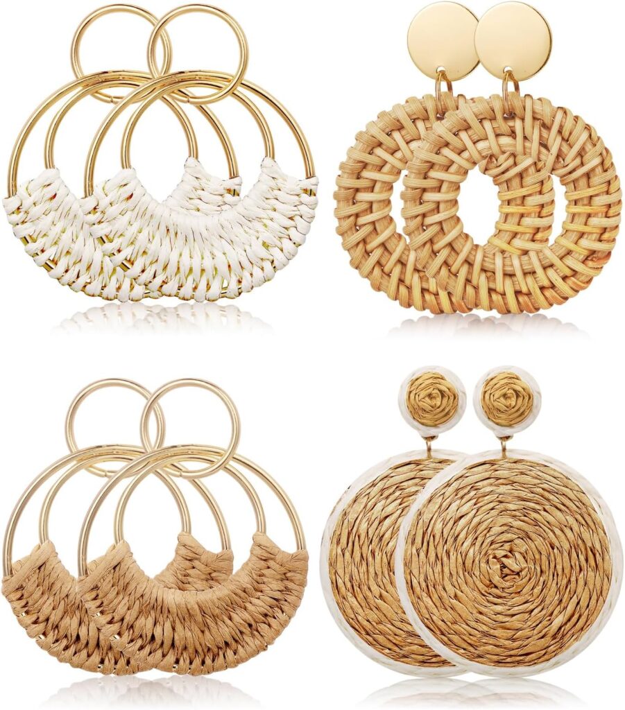 4 Pairs Handmade Raffia Rattan Bohemian Round Drop Dangle Earrings for Women, Boho Statement Cute Fun Hoop Earrings Set