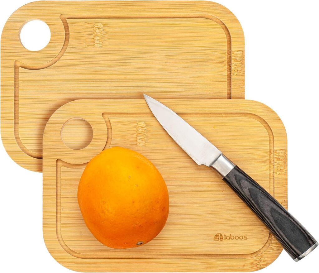Mini Bamboo Cutting Board Set of 2 – Small Wooden Chopping Boards with Juice Groove, Lightweight & Compact for Baby Food, Dorm, Travel, Camping – 8.5”x6” Easy-to-Store Kitchen Essentials