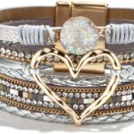 Long tiantian Leather Heart Wrap Bracelets for Women Stocking Stuffers Handmade Stackable Boho Cuff Bangles Bracelet Trendy Birthday Christmas Gifts for Her