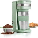 Mixpresso Green Personal Single Serve Coffee Maker with 14oz Travel Mug, Drip Small Coffee Maker with Auto Shut Off, Reusable Filter, Works with Ground Coffee Only – Not for K-Cup Pods