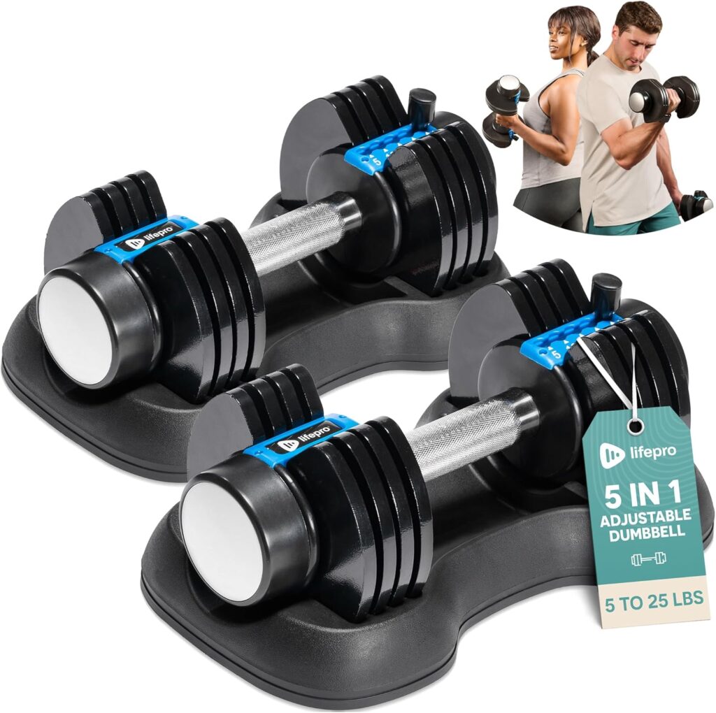 Lifepro Adjustable Dumbbells Set – 5in1-15lb 25lb 43lb 55lb weights Set & Single with Rack – Quick Adjust, Secure Grip – Compact Hand Weights for Men Women Home Gym