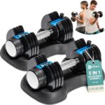 Lifepro Adjustable Dumbbells Set – 5in1-15lb 25lb 43lb 55lb weights Set & Single with Rack – Quick Adjust, Secure Grip – Compact Hand Weights for Men Women Home Gym