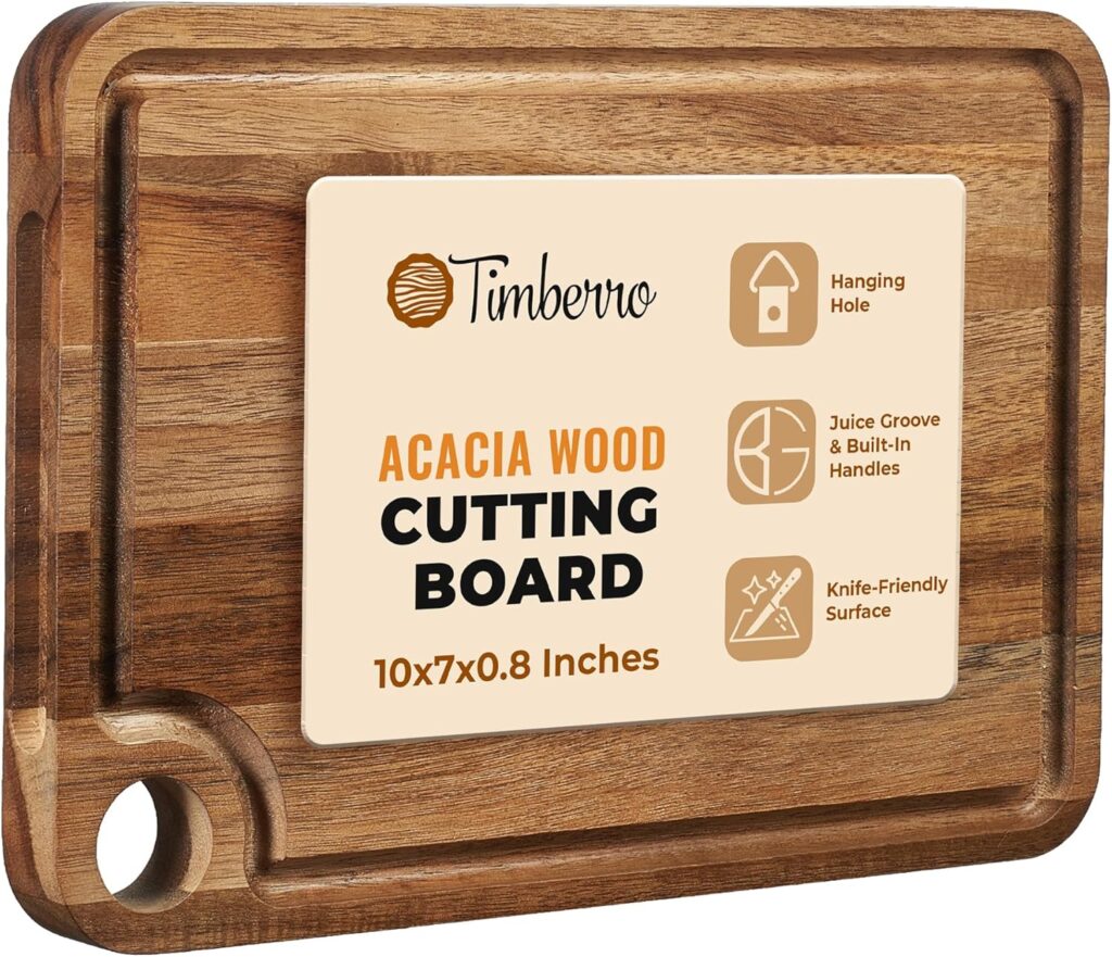 Acacia Wood Cutting Board (10x7x0.8 In.) – Small Mini Wooden Bar Steak and Cheese Chopping Boards for Kitchen with Juice Groove, Tiny Rustic Carving Breadboard for Serving Lime with Handle