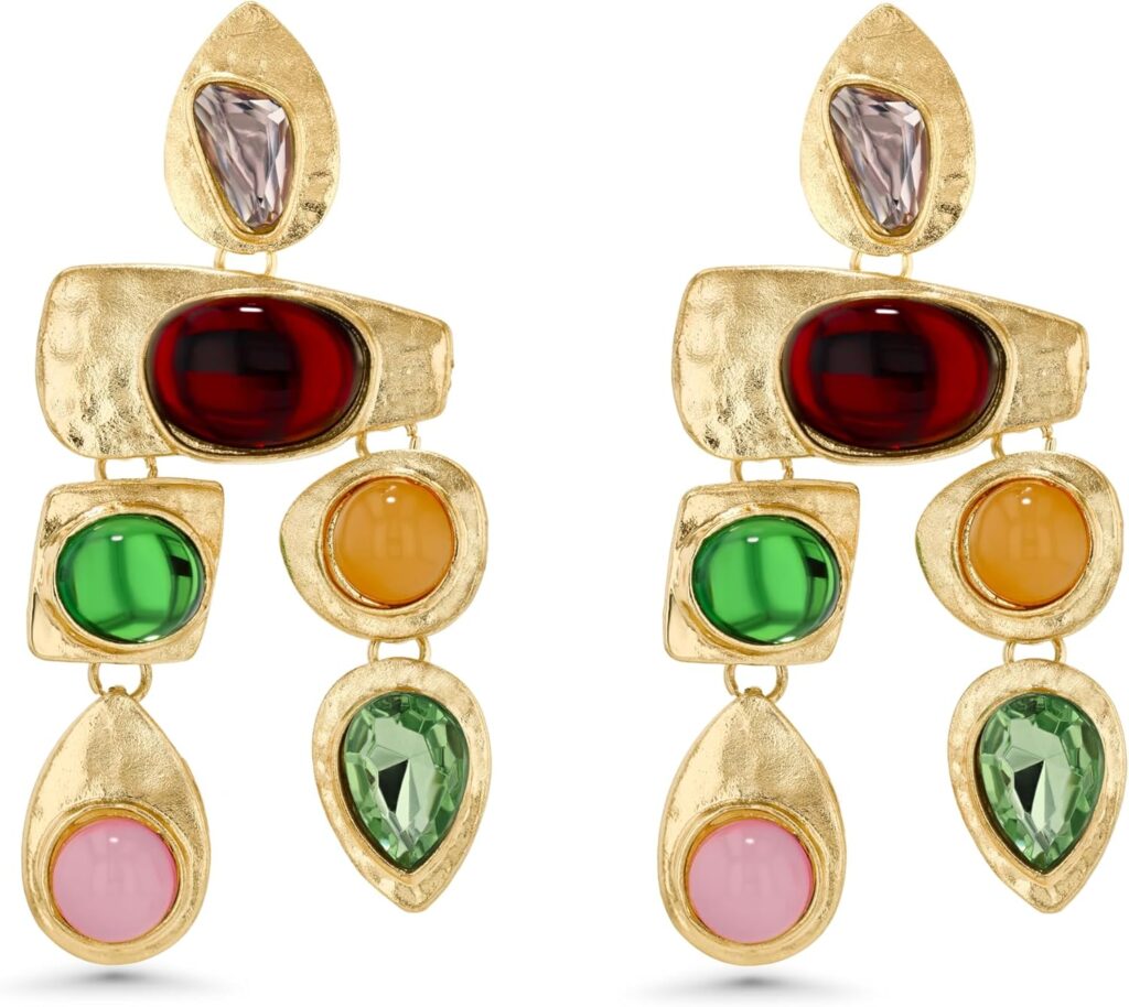 Gold Dangle Boho Gemstone Earrings for Women by SNGIA, Boho Jewelry for Women, Dangling Large Big Unique Vintage Earrings for Women, Trendy Bohemian Handmade CZ Jewelry Gifts