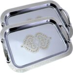 (Pack of 2) 13.3 Inch x 9.4 Inch Oblong Chrome Plated Serving Tray with Handles Mirror Iron Gold Floral Engraved Decorative Party Wedding Buffet Wine Decor Platter Plate Base CC-501