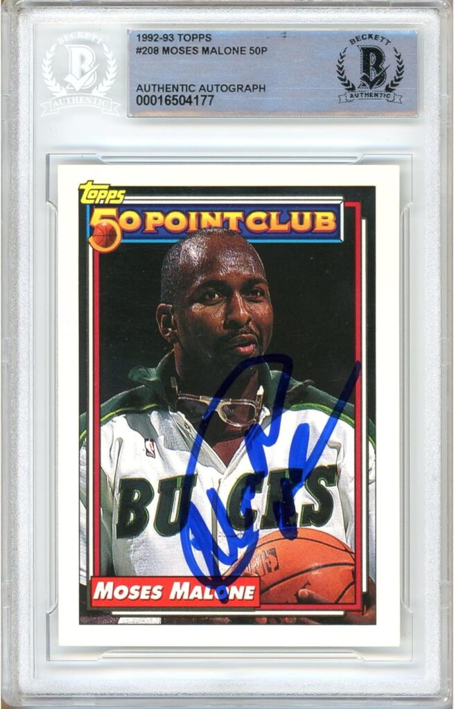 Moses Malone Signed Basketball Card, 1992-1993 Topps 50 Point Club #208, Beckett Authentic Autograph Slab, Milwaukee Bucks Autographed Memorabilia