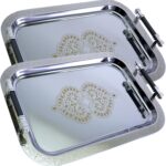(Pack of 2) 16.1 Inch x 15.4 Inch Oblong Chrome Plated Serving Tray with Handles Iron Gold Floral Engraved Decorative Party Wedding Dessert Buffet Wine Decor Platter Plate Base CC-480