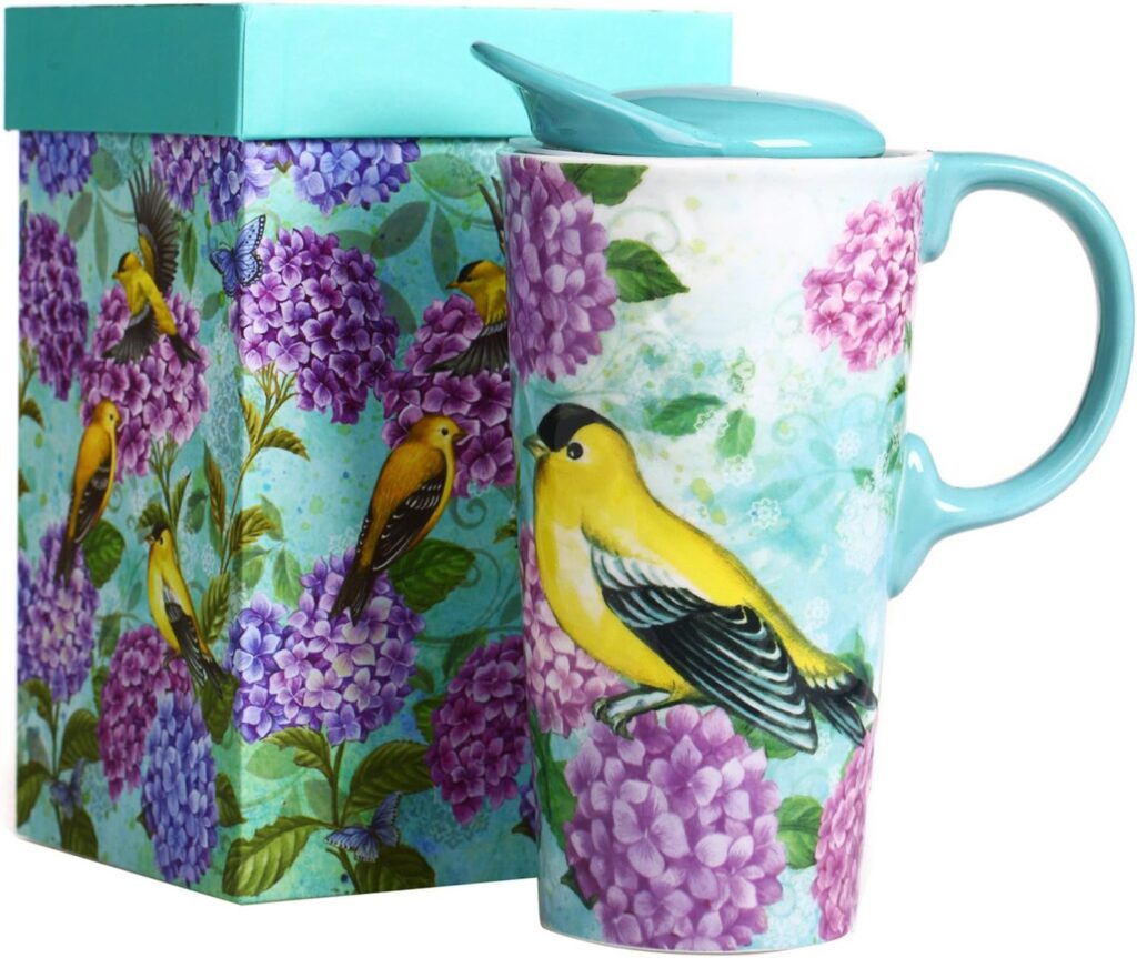 CEDAR HOME Travel Coffee Ceramic Mug Porcelain Latte Tea Cup With Lid 17oz. Humming bird