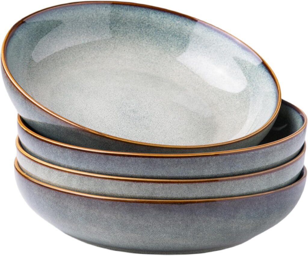 AmorArc 8.5” Large Ceramic Pasta Bowls, 36oz Stoneware Pasta Serving Bowls Set of 4 for Kitchen, Wide Bowls for Pasta,Salad,Oatmeal, Microwave Safe, Reactive Glaze-Ocean