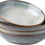 AmorArc 8.5” Large Ceramic Pasta Bowls, 36oz Stoneware Pasta Serving Bowls Set of 4 for Kitchen, Wide Bowls for Pasta,Salad,Oatmeal, Microwave Safe, Reactive Glaze-Ocean