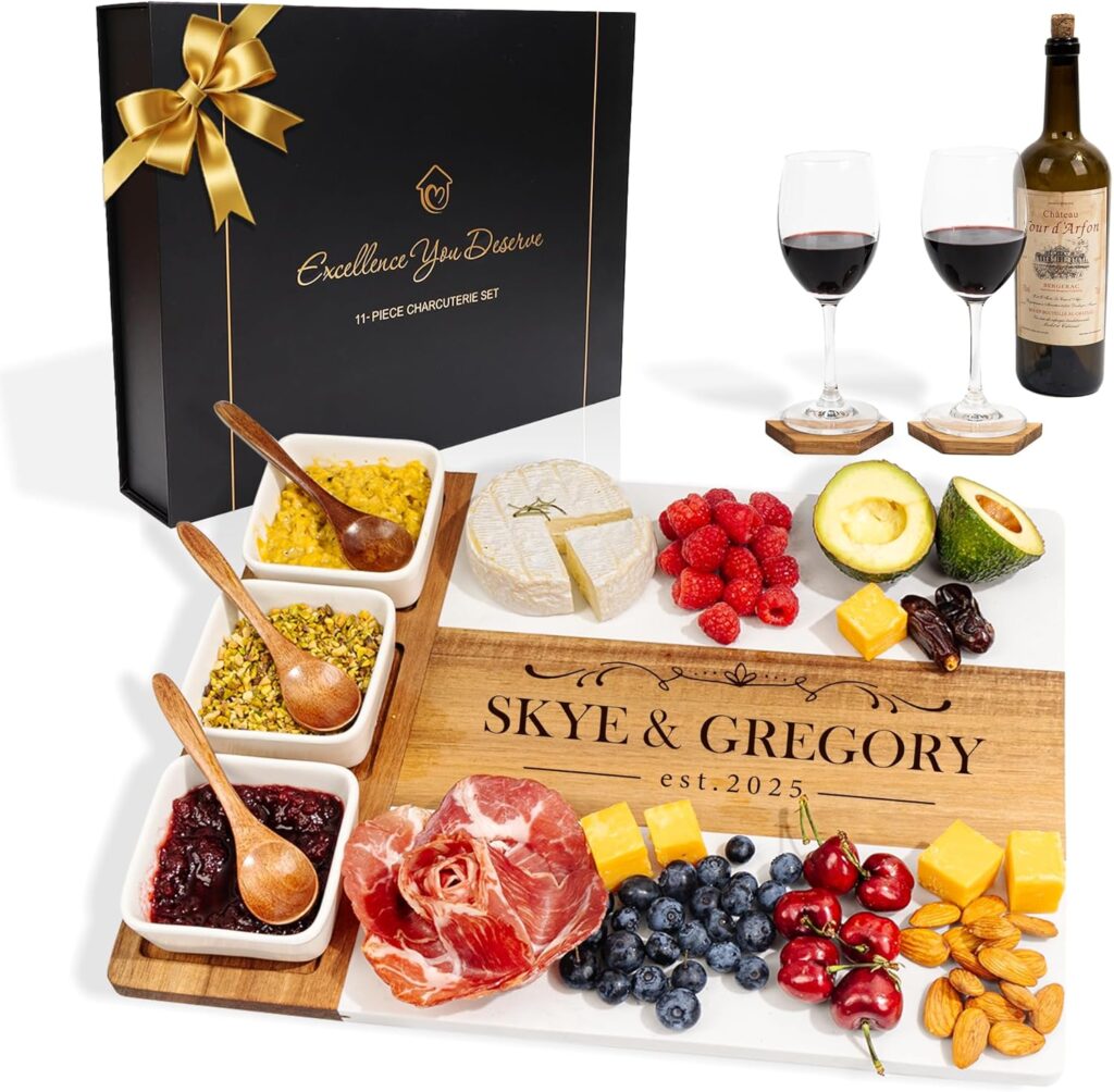 Personalized charcuterie boards gift set – Engraved Marble & Wood Cheese Board with Bowls and Utensils – Ideal for Housewarming, Hosting, Wedding Gifts